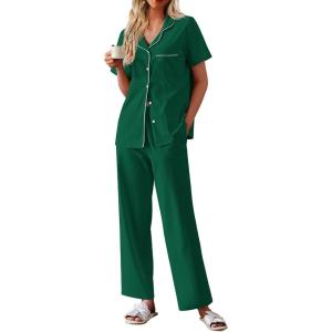 imageEkouaer Womens Cotton Pajamas Set Short Sleeve Button Down Pjs 2 Piece Soft Sleepwear with Long Pants Lounge SetGreen