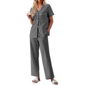 imageEkouaer Womens Cotton Pajamas Set Short Sleeve Button Down Pjs 2 Piece Soft Sleepwear with Long Pants Lounge SetGrey
