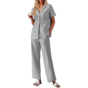 imageEkouaer Womens Cotton Pajamas Set Short Sleeve Button Down Pjs 2 Piece Soft Sleepwear with Long Pants Lounge SetLight Grey