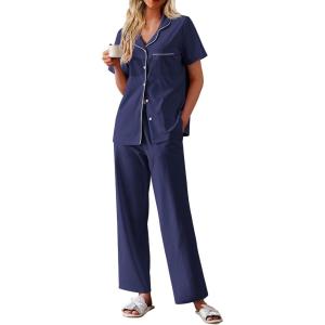 imageEkouaer Womens Cotton Pajamas Set Short Sleeve Button Down Pjs 2 Piece Soft Sleepwear with Long Pants Lounge SetNavy Blue
