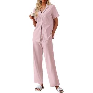 imageEkouaer Womens Cotton Pajamas Set Short Sleeve Button Down Pjs 2 Piece Soft Sleepwear with Long Pants Lounge SetPink