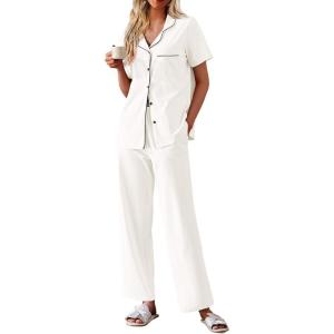 imageEkouaer Womens Cotton Pajamas Set Short Sleeve Button Down Pjs 2 Piece Soft Sleepwear with Long Pants Lounge SetWhite