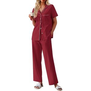 imageEkouaer Womens Cotton Pajamas Set Short Sleeve Button Down Pjs 2 Piece Soft Sleepwear with Long Pants Lounge SetWine Red