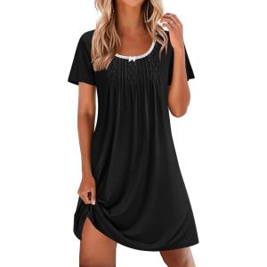 imageEkouaer Nightgowns for Women Pleated Sleep Shirts Short Sleeve Night Shirts Lace Trim Night Gown Ladies Sleep DressBlack