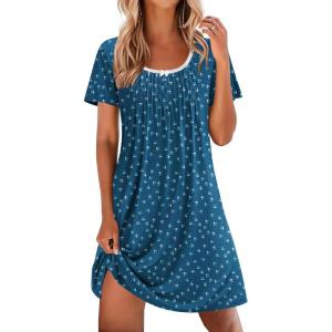 imageEkouaer Nightgowns for Women Pleated Sleep Shirts Short Sleeve Night Shirts Lace Trim Night Gown Ladies Sleep DressDog Footprints