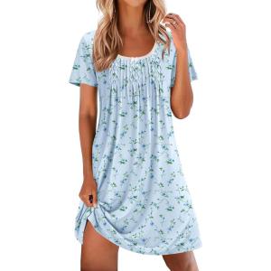 imageEkouaer Nightgowns for Women Pleated Sleep Shirts Short Sleeve Night Shirts Lace Trim Night Gown Ladies Sleep DressFloral Blue