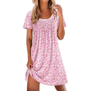 imageEkouaer Nightgowns for Women Pleated Sleep Shirts Short Sleeve Night Shirts Lace Trim Night Gown Ladies Sleep DressFloral Pink