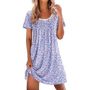 imageEkouaer Nightgowns for Women Pleated Sleep Shirts Short Sleeve Night Shirts Lace Trim Night Gown Ladies Sleep DressFloral Purple