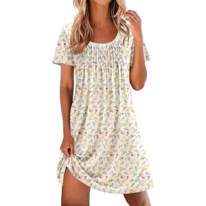 imageEkouaer Nightgowns for Women Pleated Sleep Shirts Short Sleeve Night Shirts Lace Trim Night Gown Ladies Sleep DressFloral Yellow