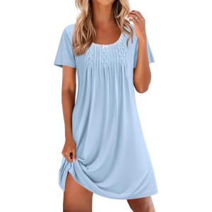 imageEkouaer Nightgowns for Women Pleated Sleep Shirts Short Sleeve Night Shirts Lace Trim Night Gown Ladies Sleep DressLight Blue