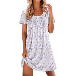 imageEkouaer Nightgowns for Women Pleated Sleep Shirts Short Sleeve Night Shirts Lace Trim Night Gown Ladies Sleep DressPurple Blossom