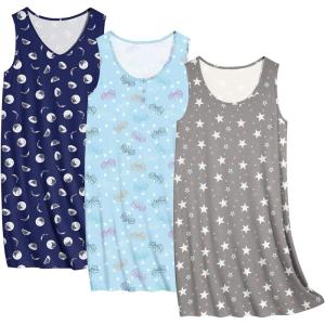 imageEkouaer 3 Pack Nightgowns for Women Sleeveless Sleepwear Button Down Nightshirt Wide Strap Tank Sleep Shirt S3XLButterflynavy Moongrey Star