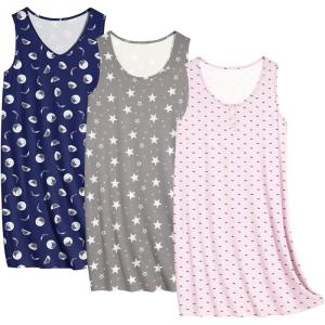 imageEkouaer 3 Pack Nightgowns for Women Sleeveless Sleepwear Button Down Nightshirt Wide Strap Tank Sleep Shirt S3XLNavy Blue Moonpentagrampink Print
