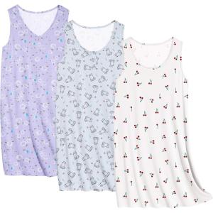 imageEkouaer 3 Pack Nightgowns for Women Sleeveless Sleepwear Button Down Nightshirt Wide Strap Tank Sleep Shirt S3XLPurple Floralcatcherry