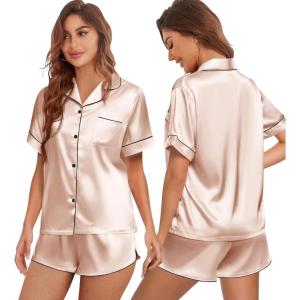 imageEkouaer Womens Silk Satin Pajamas Set Short Sleeve Sleepwear Button Down Top and Shorts Loungewear 2 Piece Pjs Set SXXLChampagne