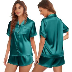 imageEkouaer Womens Silk Satin Pajamas Set Short Sleeve Sleepwear Button Down Top and Shorts Loungewear 2 Piece Pjs Set SXXLDark Green