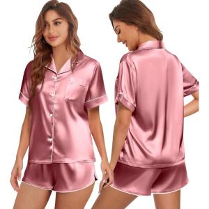 imageEkouaer Womens Silk Satin Pajamas Set Short Sleeve Sleepwear Button Down Top and Shorts Loungewear 2 Piece Pjs Set SXXLDusty Rose
