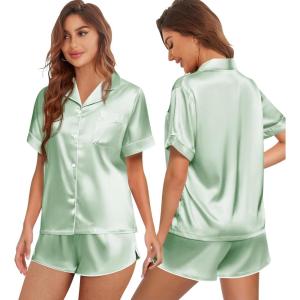 imageEkouaer Womens Silk Satin Pajamas Set Short Sleeve Sleepwear Button Down Top and Shorts Loungewear 2 Piece Pjs Set SXXLIce Green
