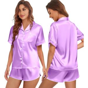imageEkouaer Womens Silk Satin Pajamas Set Short Sleeve Sleepwear Button Down Top and Shorts Loungewear 2 Piece Pjs Set SXXLLilac