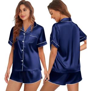 imageEkouaer Womens Silk Satin Pajamas Set Short Sleeve Sleepwear Button Down Top and Shorts Loungewear 2 Piece Pjs Set SXXLNavy Blue