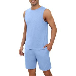 imageEkouaer Mens Pajamas Set Workout Tank Top Pjs Sets with Shorts 2 Piece Soft Sleeveless Casual Shirts Loungewear Sets SXXLClear Blue