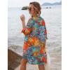 imageEkouaer Womens Beach Bikini Coverup Long Rollup Sleeve Beach Shirt Bathing Suit Cover UpOrange Green Leaf