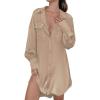 imageEkouaer Women Satin Sleep Shirt Long Sleeve Nightgown Button Down Nightshirt Silk Sleepwear Soft Pajama Dress Sleep DressKhaki