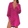 imageEkouaer Women Satin Sleep Shirt Long Sleeve Nightgown Button Down Nightshirt Silk Sleepwear Soft Pajama Dress Sleep DressRose Red