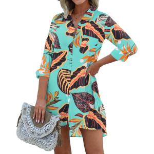 imageEkouaer Womens Beach Bikini Coverup Long Rollup Sleeve Beach Shirt Bathing Suit Cover UpGreen Leaf