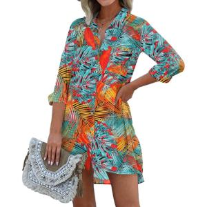imageEkouaer Womens Beach Bikini Coverup Long Rollup Sleeve Beach Shirt Bathing Suit Cover UpOrange Green Leaf