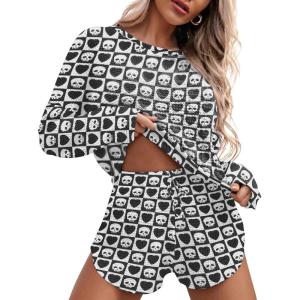 imageEkouaer Womens Waffle Knit Pajama Sets Long Sleeve Top and Shorts Matching Lounge Set Loungewear Sweatsuit with PocketsBlack Heart