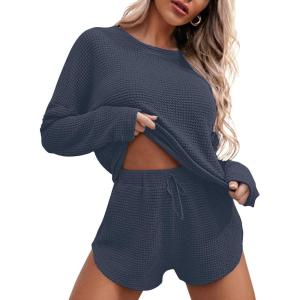 imageEkouaer Womens Waffle Knit Pajama Sets Long Sleeve Top and Shorts Matching Lounge Set Loungewear Sweatsuit with PocketsDark Grey
