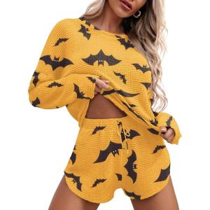 imageEkouaer Womens Waffle Knit Pajama Sets Long Sleeve Top and Shorts Matching Lounge Set Loungewear Sweatsuit with PocketsHalloween