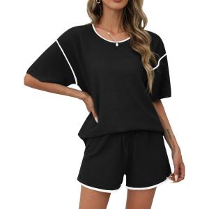 imageEkouaer Womens Waffle Knit Pajama Sets Long Sleeve Top and Shorts Matching Lounge Set Loungewear Sweatsuit with PocketsZblack