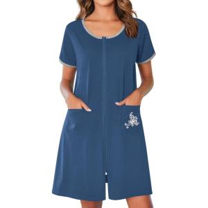 imageEkouaer Zip Up Robes for Women Short Sleeves Zipper House Coat Short Bathrobes Lightweight Nightgown with Pockets S3XLDark Blue
