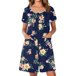 imageEkouaer Zip Up Robes for Women Short Sleeves Zipper House Coat Short Bathrobes Lightweight Nightgown with Pockets S3XLFloral Navy