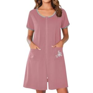 imageEkouaer Zip Up Robes for Women Short Sleeves Zipper House Coat Short Bathrobes Lightweight Nightgown with Pockets S3XLGray Purple
