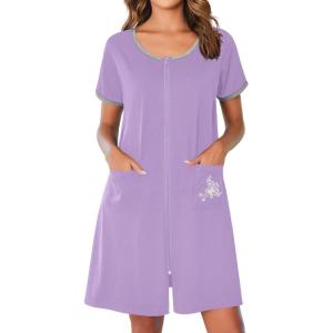 imageEkouaer Zip Up Robes for Women Short Sleeves Zipper House Coat Short Bathrobes Lightweight Nightgown with Pockets S3XLLavender