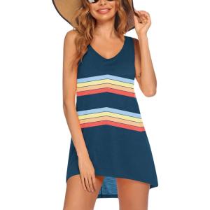 imageEkouaer Womens Sleeveless Swimwear Coverups TShirt Beach Dress Tank Bikini Cover Up with PrintBstripe