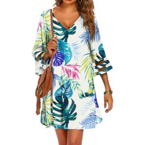 imageEkouaer Womens Swimsuit Cover Up 34 Bell Sleeve Beachwear Coverups Deep VNeck Bikini Beach Dress S3XLColorful Leaves