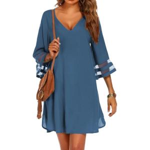imageEkouaer Womens Swimsuit Cover Up 34 Bell Sleeve Beachwear Coverups Deep VNeck Bikini Beach Dress S3XLDeep Blue