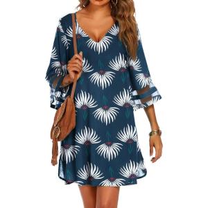 imageEkouaer Womens Swimsuit Cover Up 34 Bell Sleeve Beachwear Coverups Deep VNeck Bikini Beach Dress S3XLDusty Blue Floral Print
