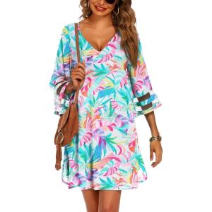 imageEkouaer Womens Swimsuit Cover Up 34 Bell Sleeve Beachwear Coverups Deep VNeck Bikini Beach Dress S3XLFantasy Vacation Multi