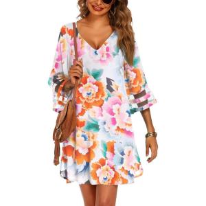 imageEkouaer Womens Swimsuit Cover Up 34 Bell Sleeve Beachwear Coverups Deep VNeck Bikini Beach Dress S3XLFloral Rhythm