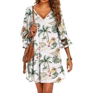 imageEkouaer Womens Swimsuit Cover Up 34 Bell Sleeve Beachwear Coverups Deep VNeck Bikini Beach Dress S3XLGreen Coconut Tree