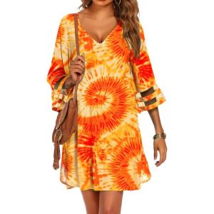 imageEkouaer Womens Swimsuit Cover Up 34 Bell Sleeve Beachwear Coverups Deep VNeck Bikini Beach Dress S3XLOrange Sun Flower