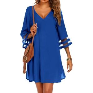 imageEkouaer Womens Swimsuit Cover Up 34 Bell Sleeve Beachwear Coverups Deep VNeck Bikini Beach Dress S3XLRoyal Blue