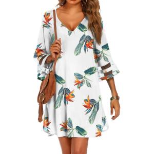 imageEkouaer Womens Swimsuit Cover Up 34 Bell Sleeve Beachwear Coverups Deep VNeck Bikini Beach Dress S3XLTropical Floral