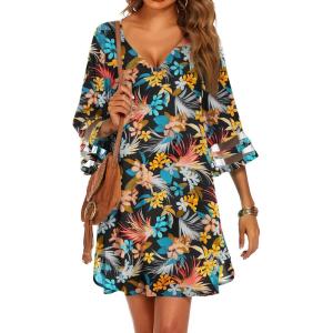 imageEkouaer Womens Swimsuit Cover Up 34 Bell Sleeve Beachwear Coverups Deep VNeck Bikini Beach Dress S3XLTropical Plumeria Print