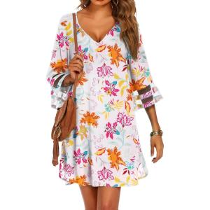imageEkouaer Womens Swimsuit Cover Up 34 Bell Sleeve Beachwear Coverups Deep VNeck Bikini Beach Dress S3XLVanilla Floral Print